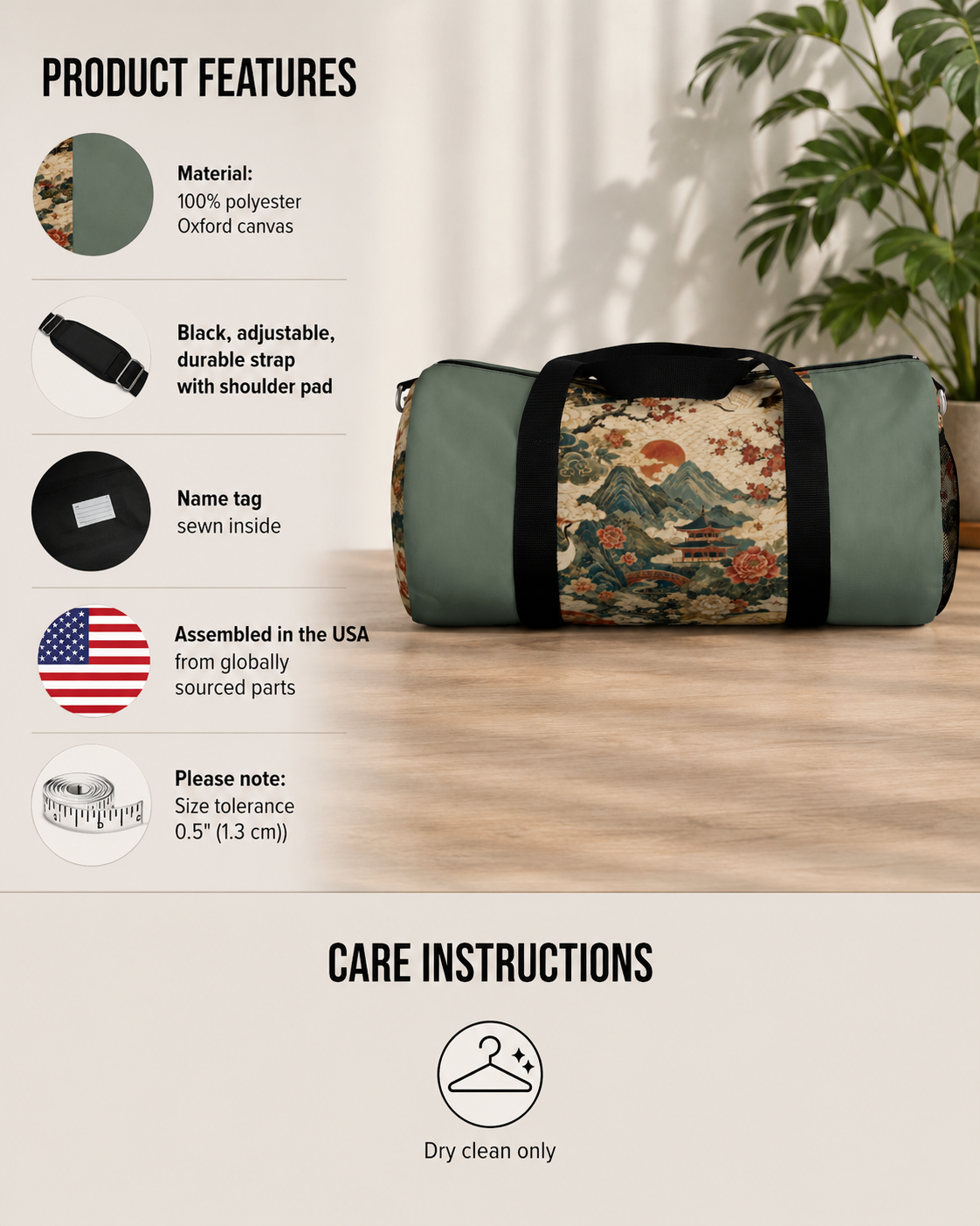 East Asian Vintage Landscape Pastel Green Duffel Gym Bag