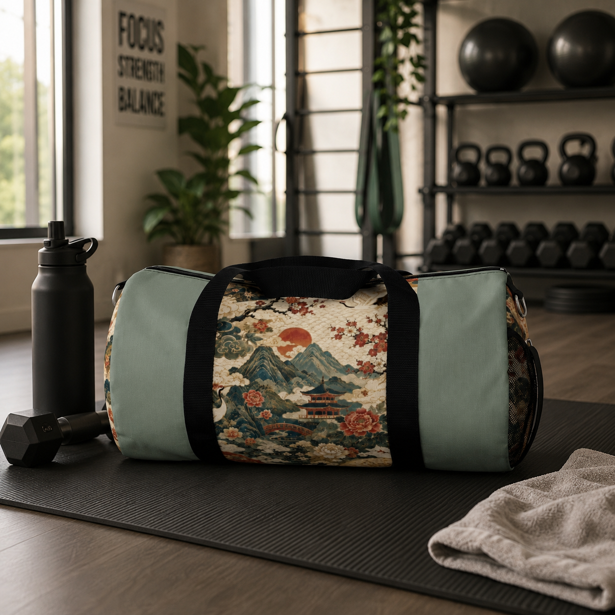 East Asian Vintage Landscape Pastel Green Duffel Gym Bag