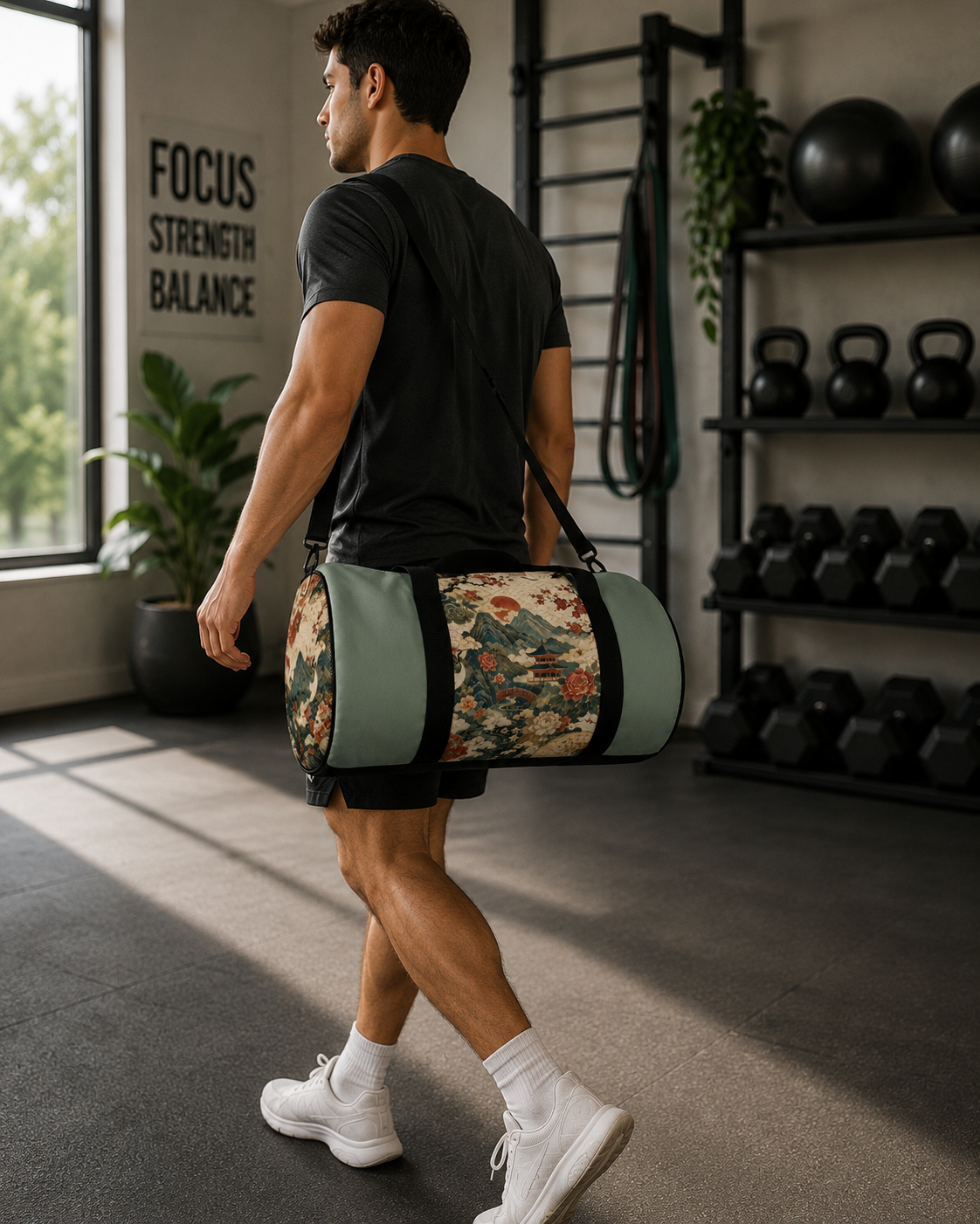 East Asian Vintage Landscape Pastel Green Duffel Gym Bag