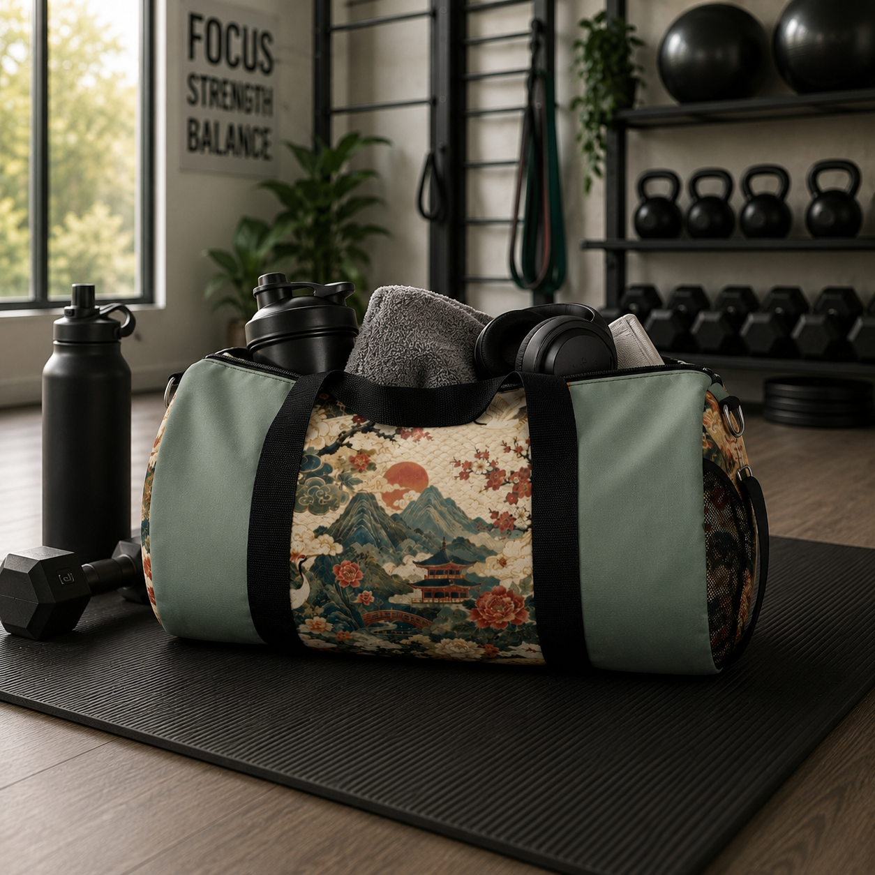 East Asian Vintage Landscape Pastel Green Duffel Gym Bag