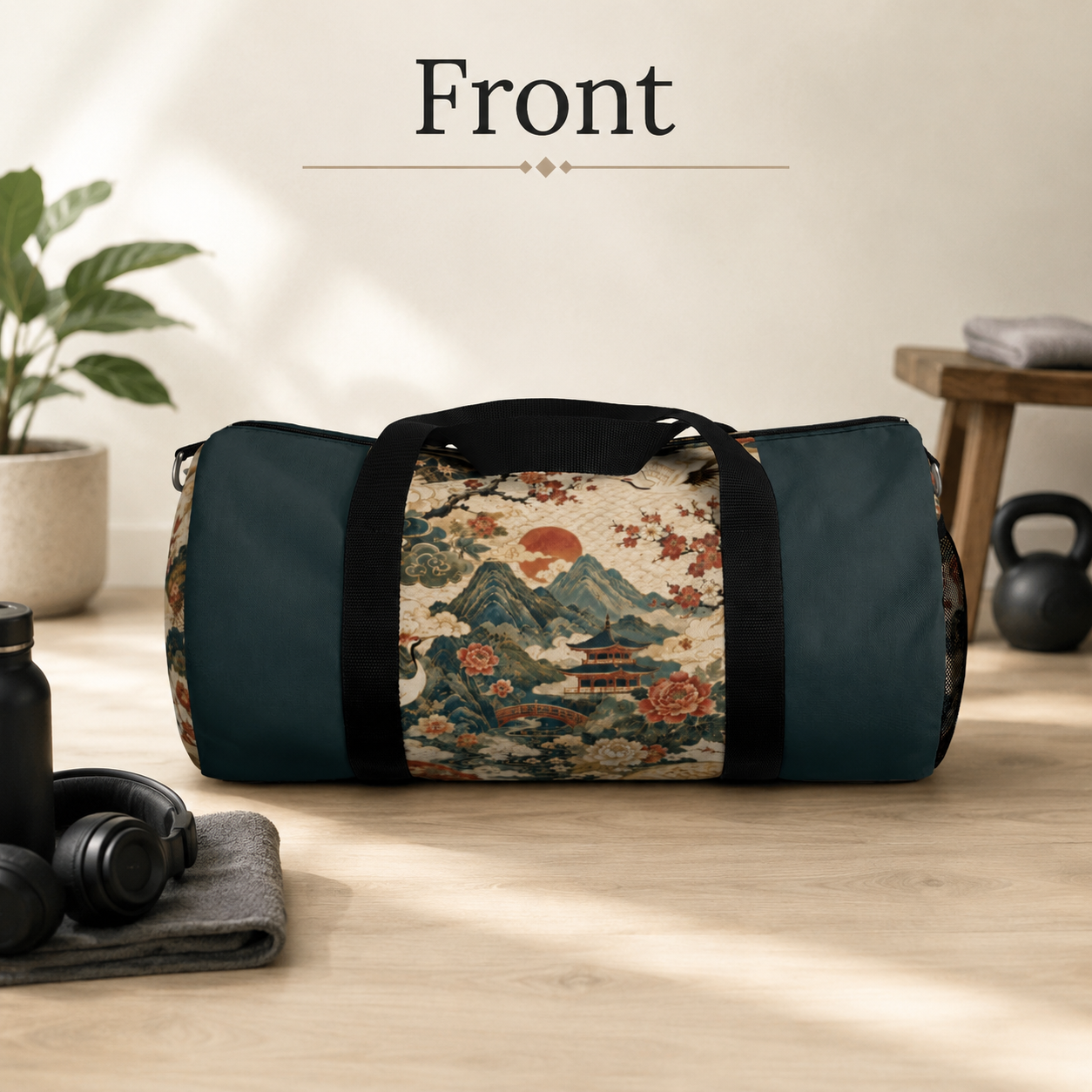 East Asian Vintage Landscape Navy Blue Duffel Gym Bag