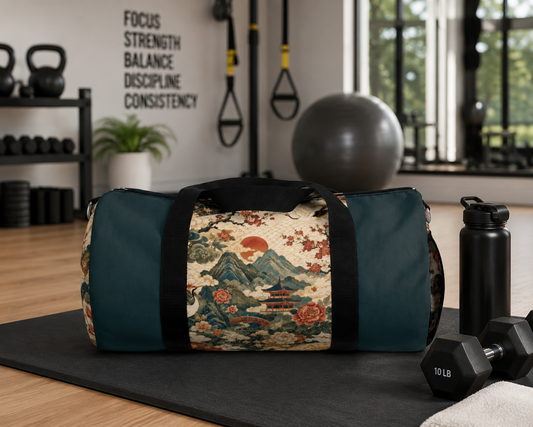 East Asian Vintage Landscape Navy Blue Duffel Gym Bag