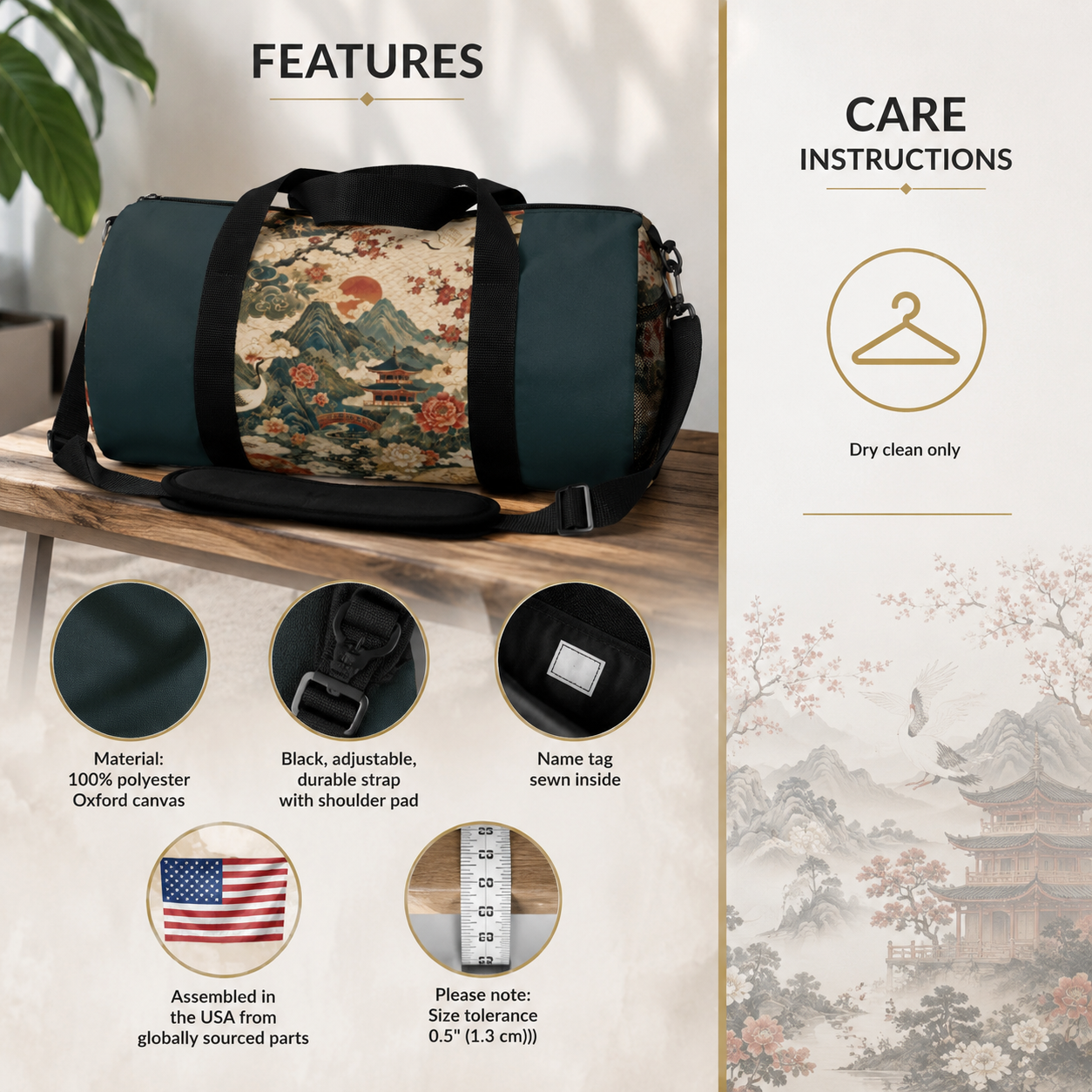 East Asian Vintage Landscape Navy Blue Duffel Gym Bag