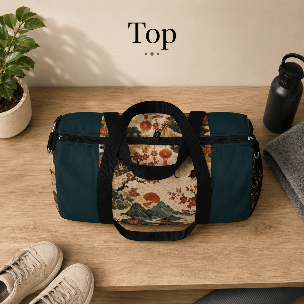 East Asian Vintage Landscape Navy Blue Duffel Gym Bag