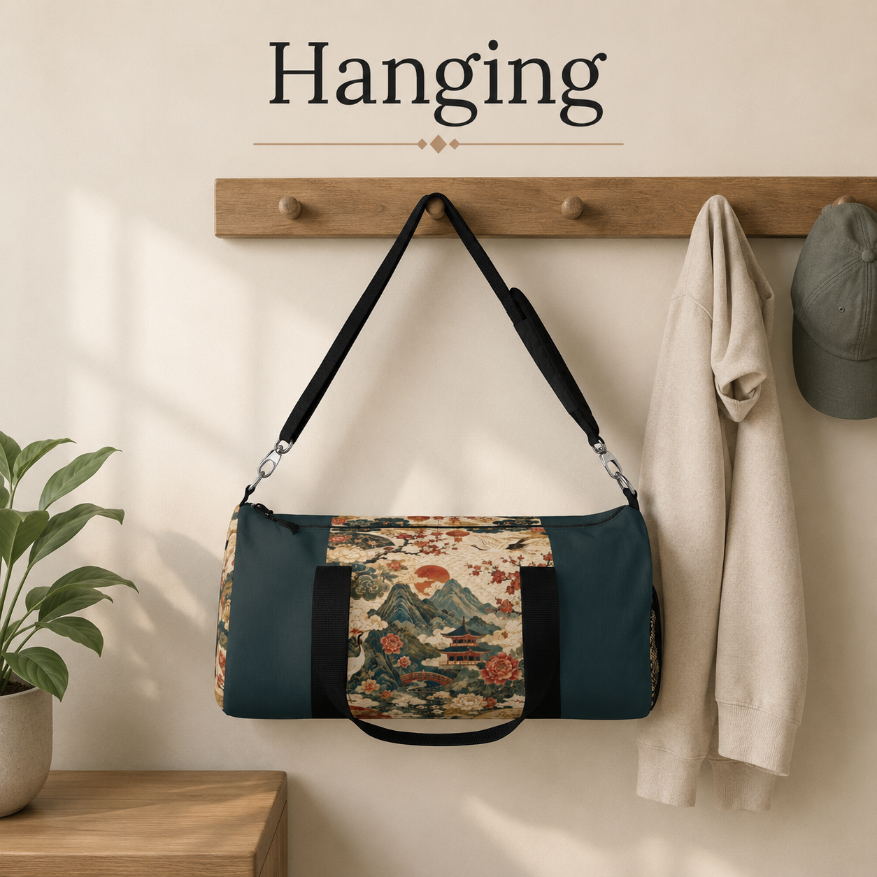East Asian Vintage Landscape Navy Blue Duffel Gym Bag