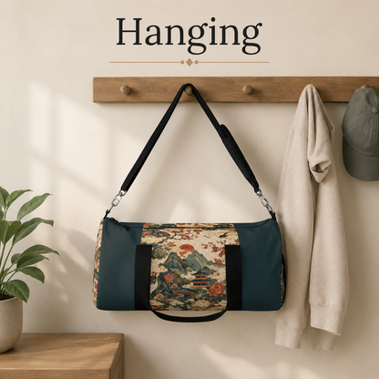 East Asian Vintage Landscape Navy Blue Duffel Gym Bag