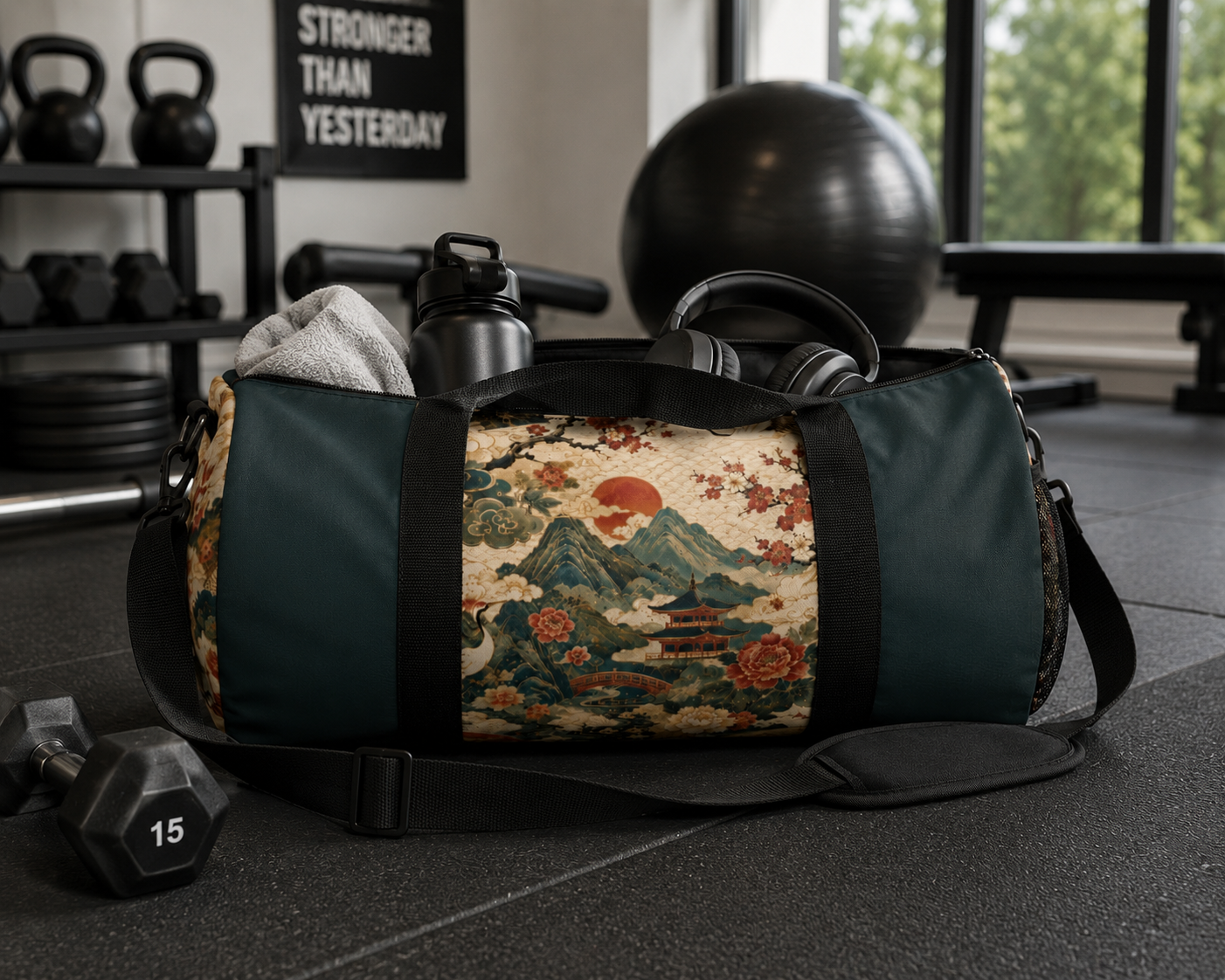 East Asian Vintage Landscape Navy Blue Duffel Gym Bag
