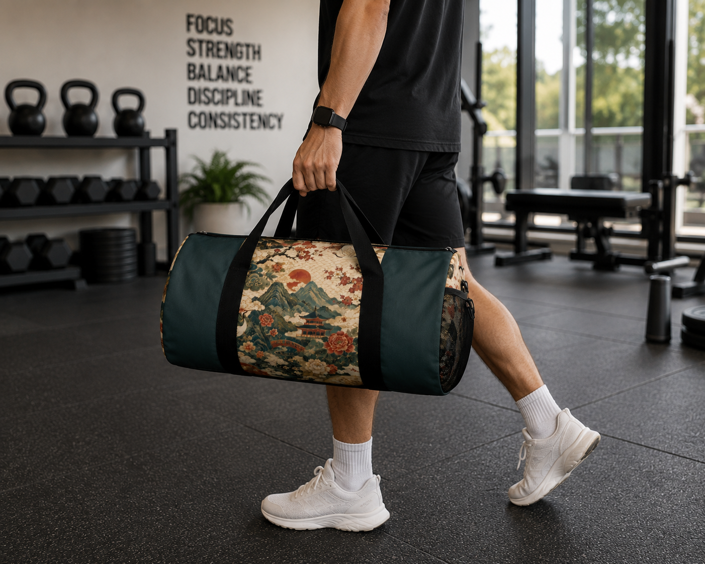 East Asian Vintage Landscape Navy Blue Duffel Gym Bag
