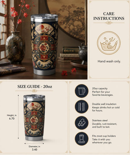 East Asian Oriental Floral Medallion Tumbler | 20oz Stainless Travel Cup