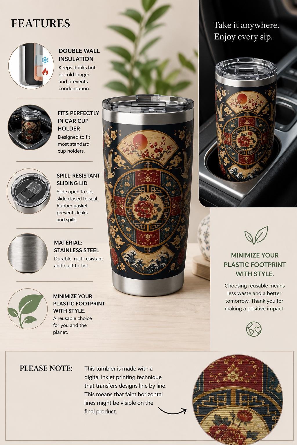 East Asian Oriental Floral Medallion Tumbler | 20oz Stainless Travel Cup