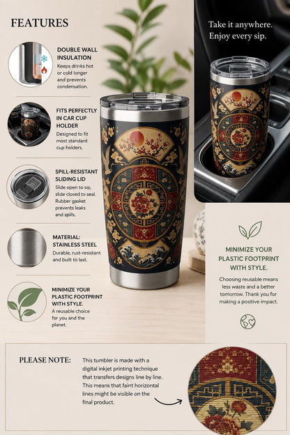 East Asian Oriental Floral Medallion Tumbler | 20oz Stainless Travel Cup