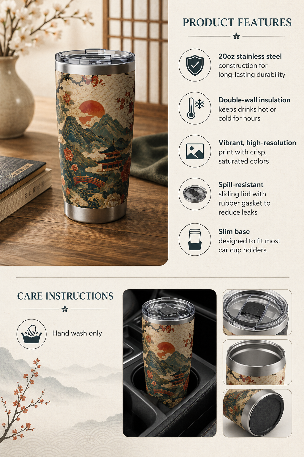 East Asian Vintage Landscape Tumblr l 20oz Stainless Steel Water Bottle