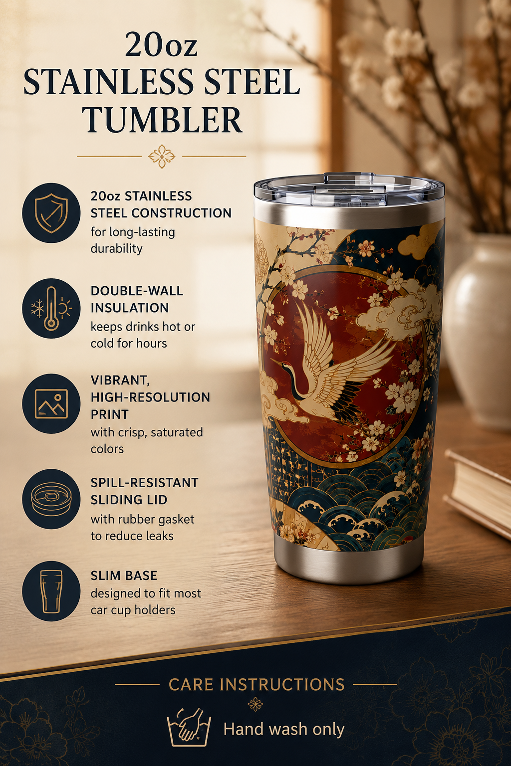 East Asian Floral Crane Tumblr l 20oz Stainless Steel Water Bottle