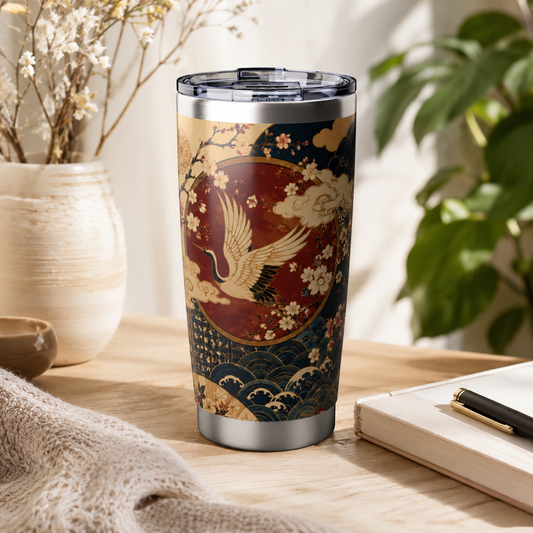 East Asian Floral Crane Tumblr l 20oz Stainless Steel Water Bottle