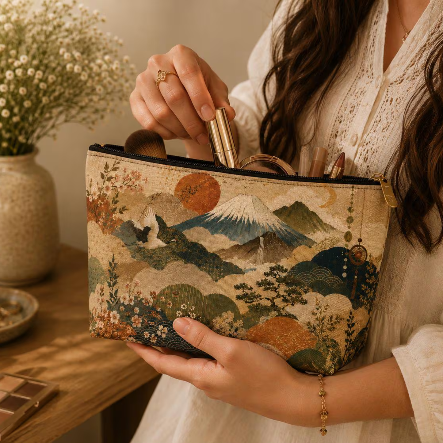 Vintage Japanese Painting Make Up Accessory Bag