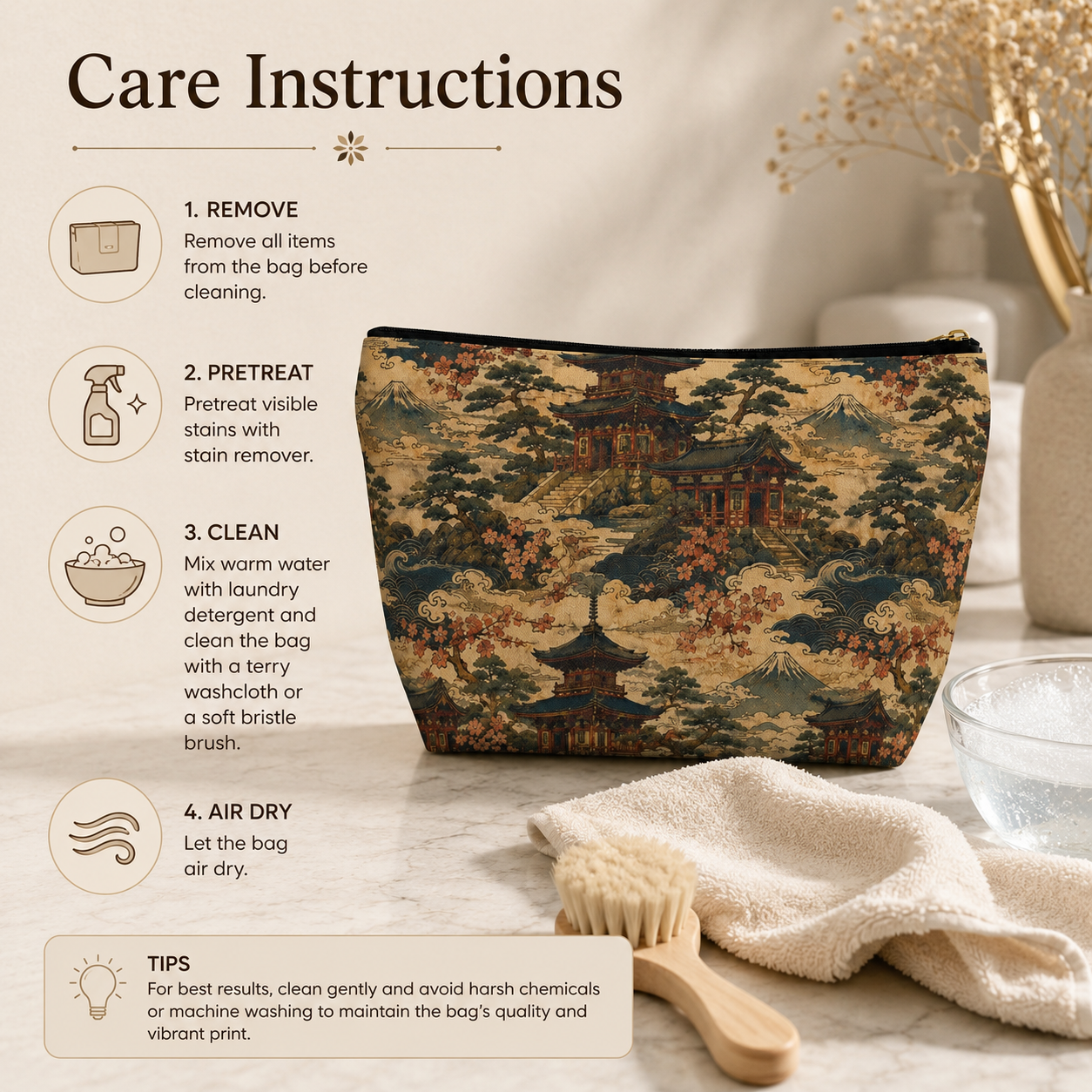 Vintage Japanese Temples Make Up Accessory Bag