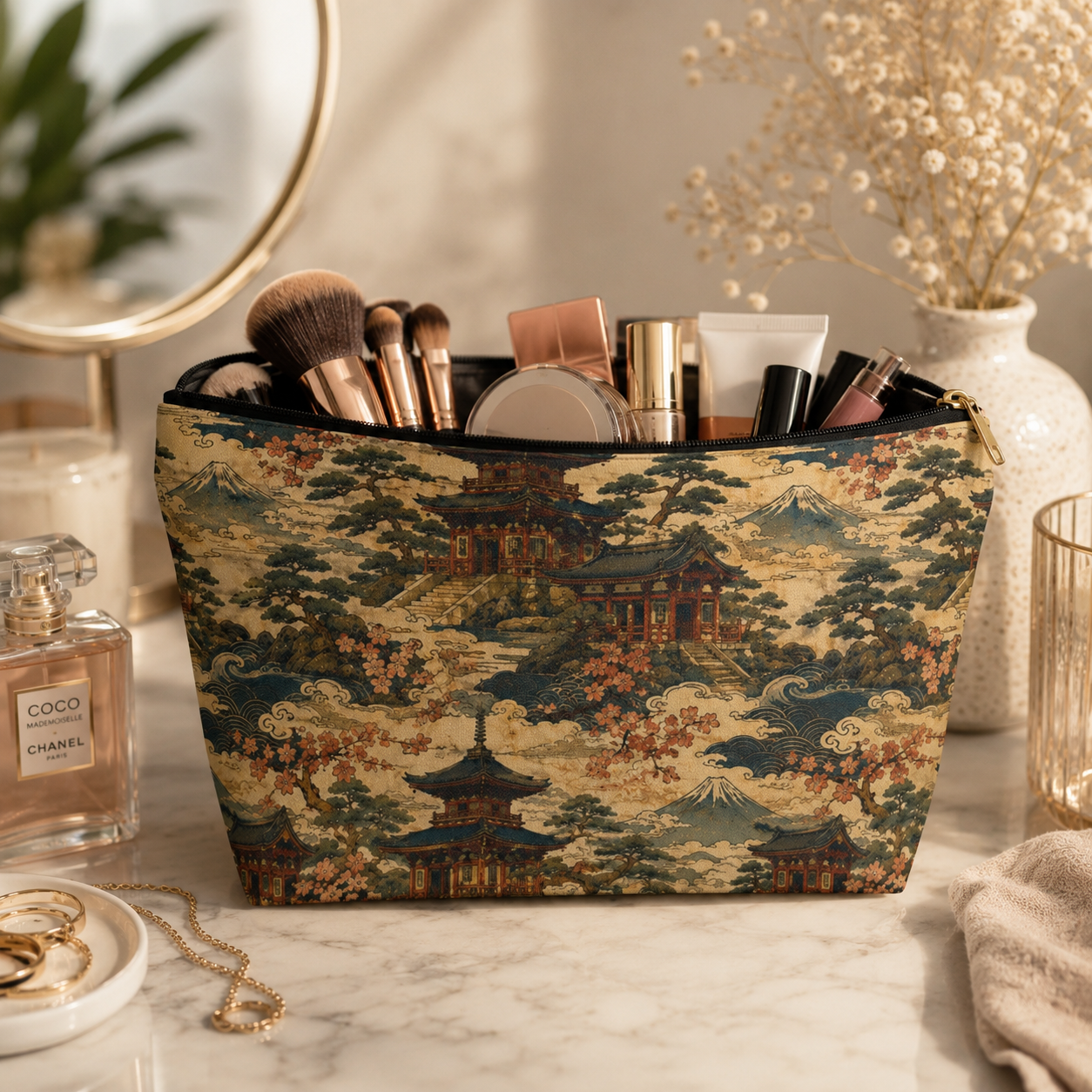 Vintage Japanese Temples Make Up Accessory Bag