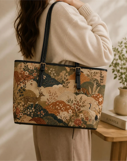 Vintage Japanese Painting Leather Shoulder Bag