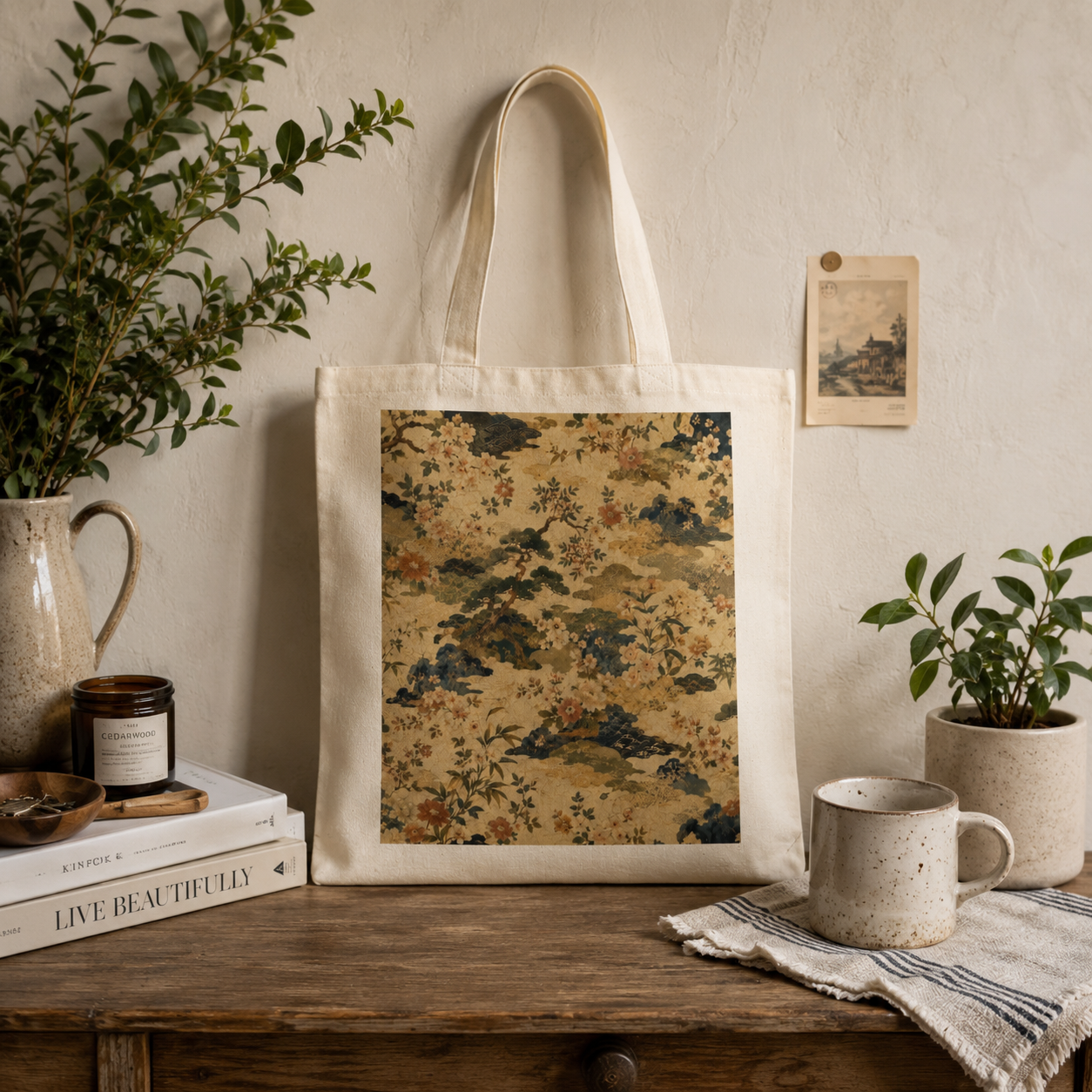 100% Natural Cotton Vintage Japanese Floral Tote Bag