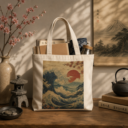100% Natural Cotton Vintage Japanese Wave Tote Bag