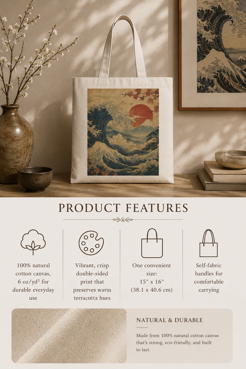 100% Natural Cotton Vintage Japanese Wave Tote Bag