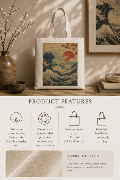 100% Natural Cotton Vintage Japanese Wave Tote Bag