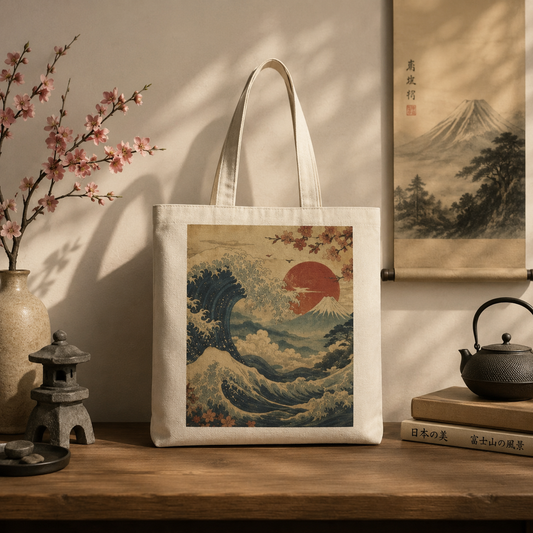 100% Natural Cotton Vintage Japanese Wave Tote Bag