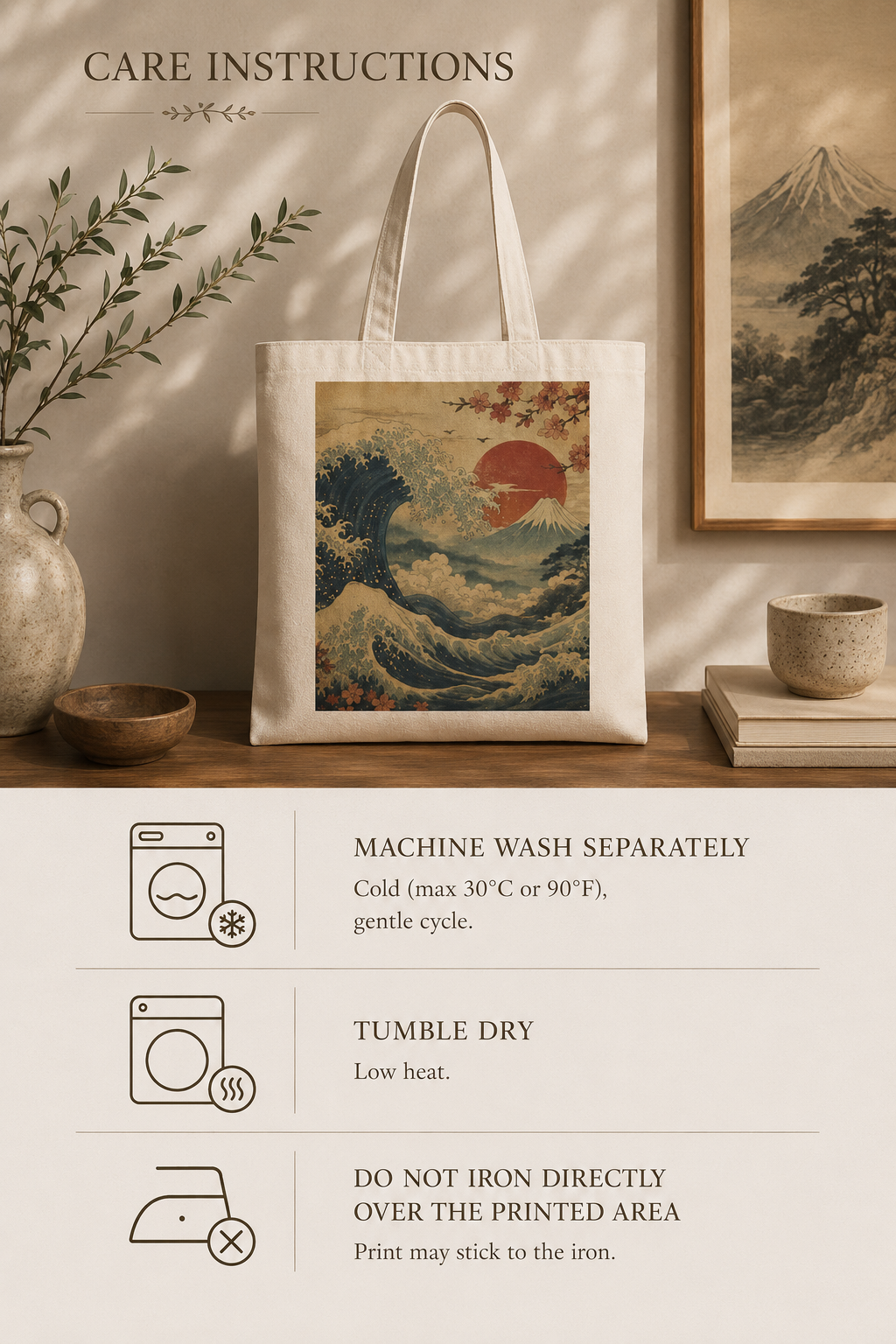100% Natural Cotton Vintage Japanese Wave Tote Bag
