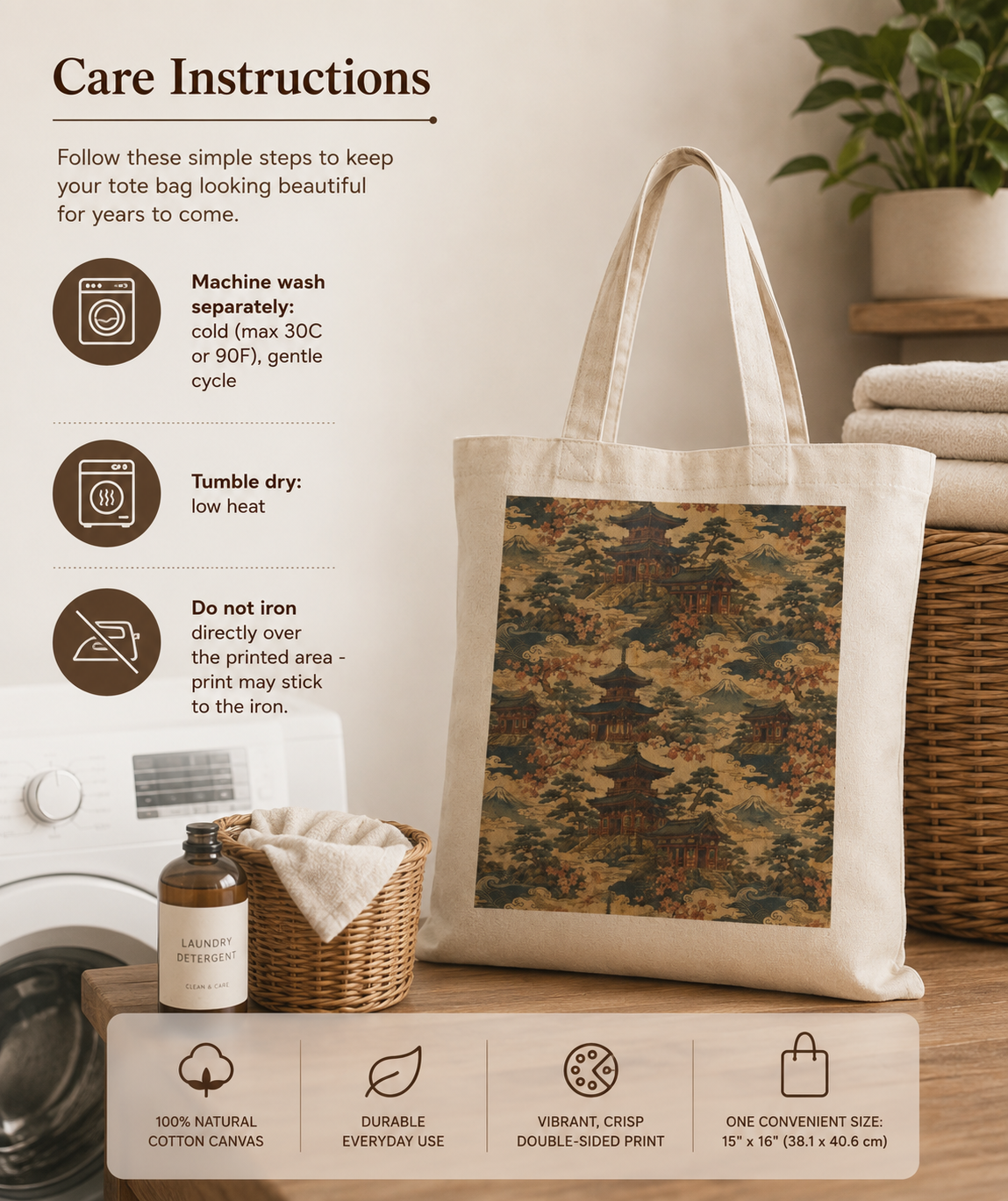 100% Natural Cotton Vintage Japanese Temple Tote Bag