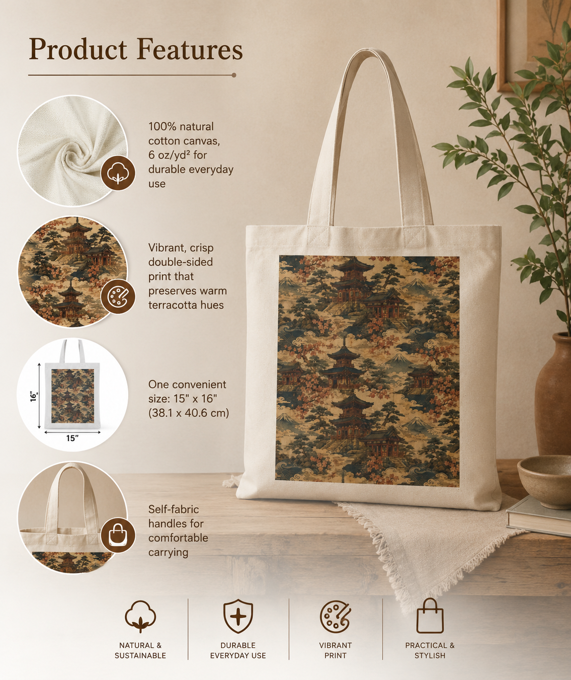 100% Natural Cotton Vintage Japanese Temple Tote Bag
