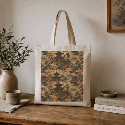 100% Natural Cotton Vintage Japanese Temple Tote Bag