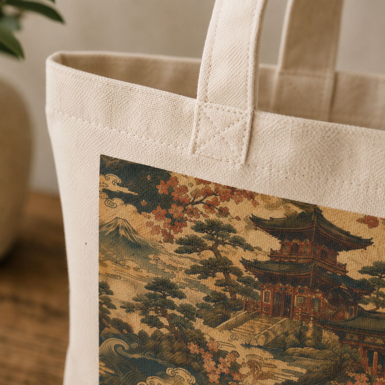 100% Natural Cotton Vintage Japanese Temple Tote Bag