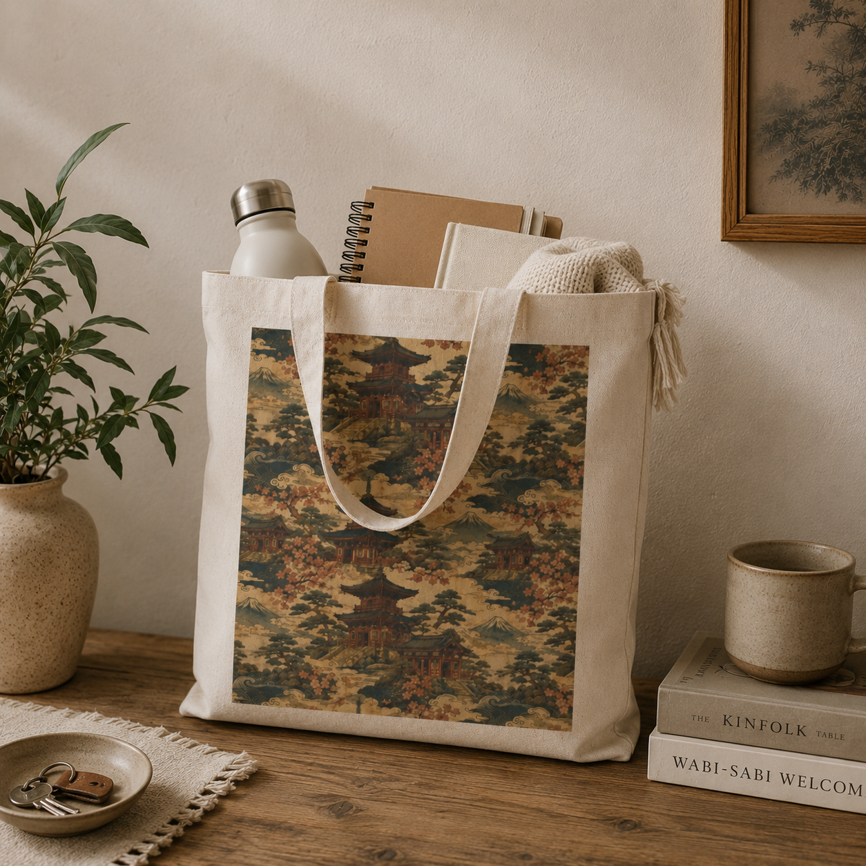 100% Natural Cotton Vintage Japanese Temple Tote Bag