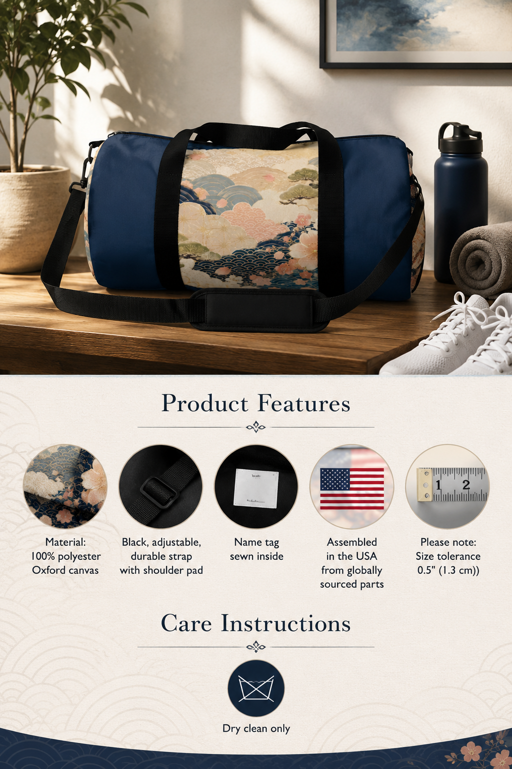Vintage Japanese Navy Blue Wave & Clouds Duffel Bag