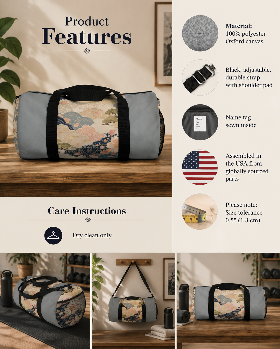 Vintage Japanese Cloudy Blue Wave & Clouds Duffel Bag