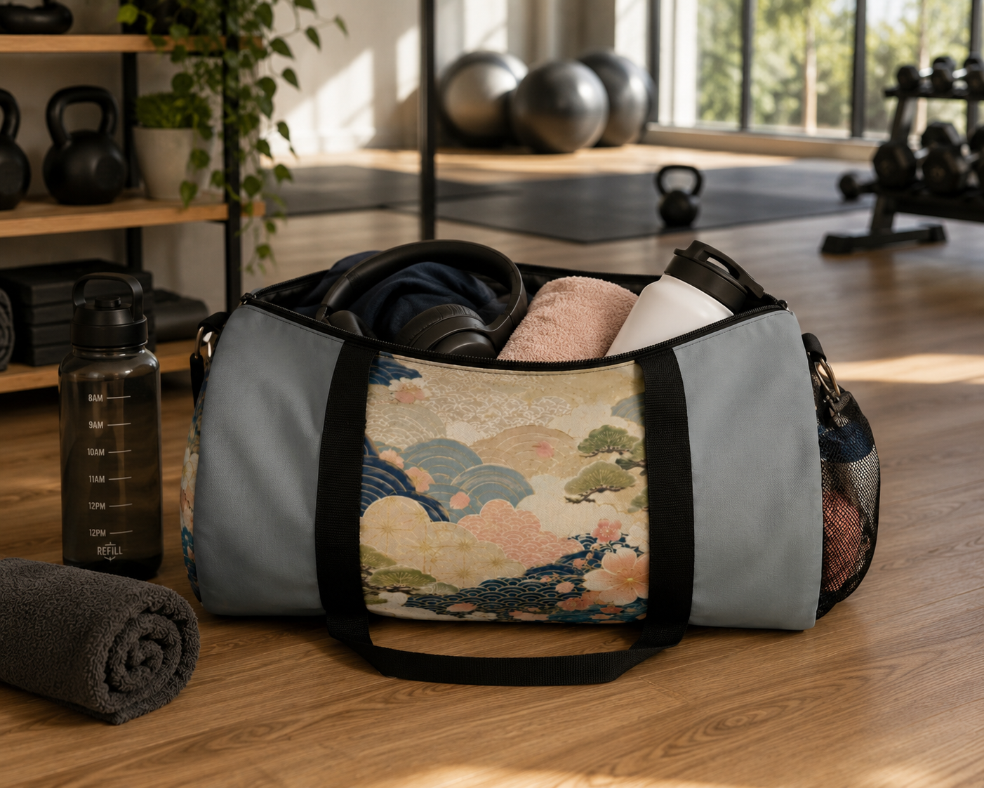 Vintage Japanese Cloudy Blue Wave & Clouds Duffel Bag