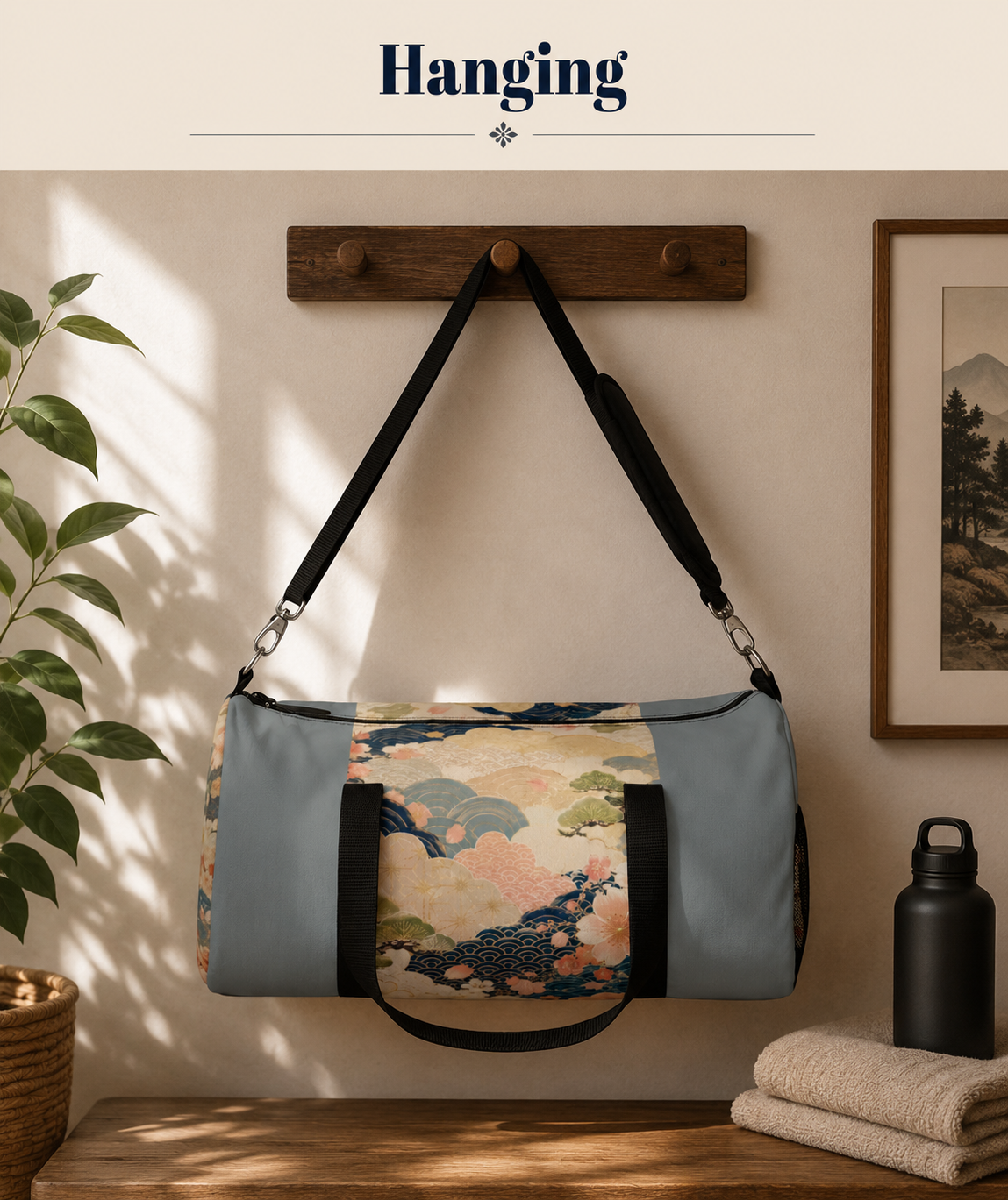 Vintage Japanese Cloudy Blue Wave & Clouds Duffel Bag