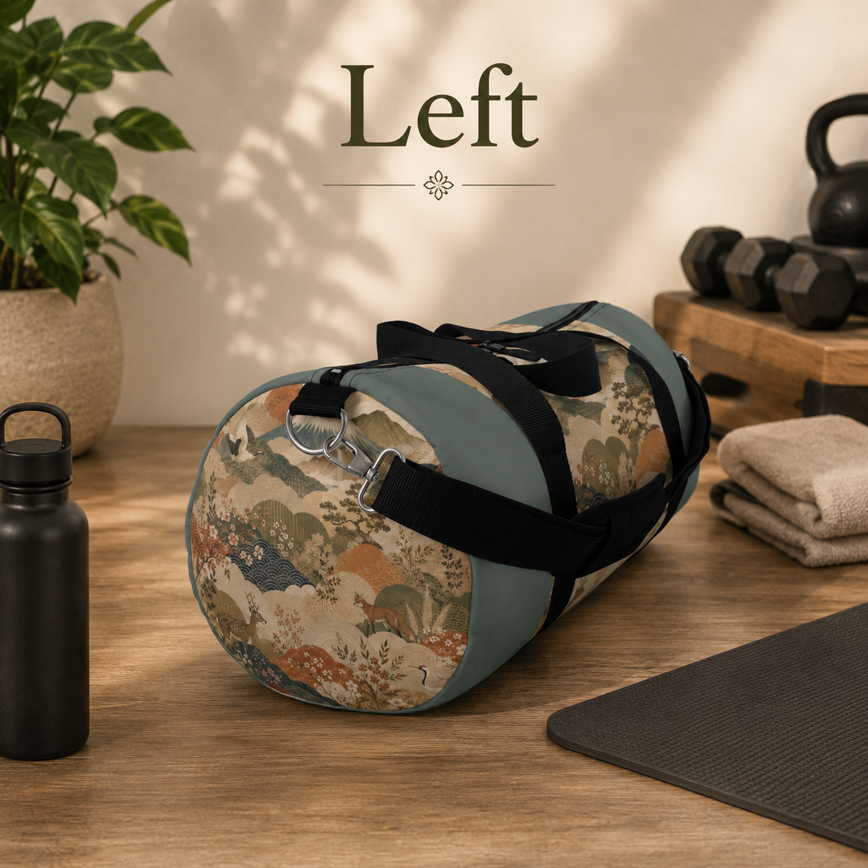 Vintage Japanese Cadet Blue Animal Landscape Duffel Gym Bag