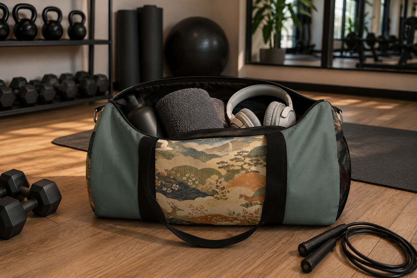 Vintage Japanese Cadet Blue Animal Landscape Duffel Gym Bag