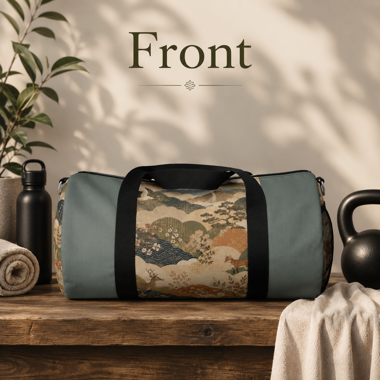 Vintage Japanese Cadet Blue Animal Landscape Duffel Gym Bag