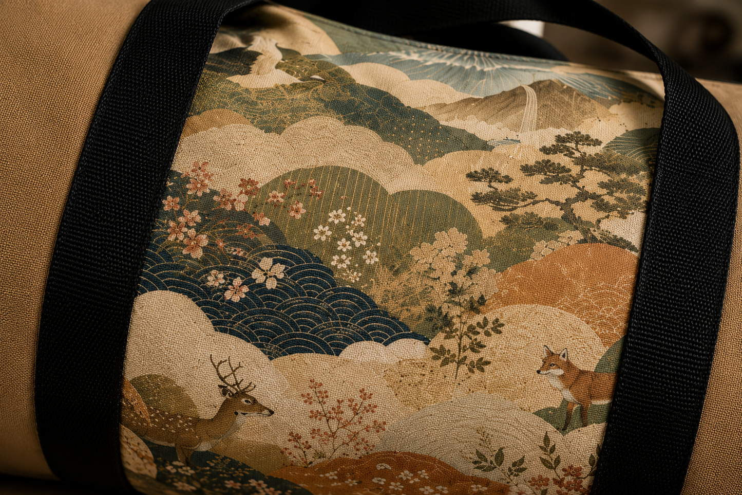 Vintage Japanese Earth Brown Animal Landscape Duffel Gym Bag