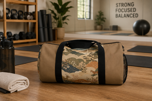 Vintage Japanese Earth Brown Animal Landscape Duffel Gym Bag