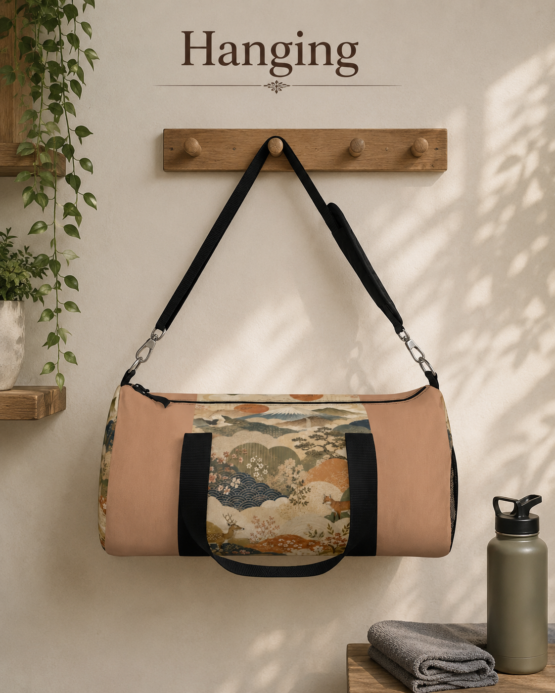 Vintage Japanese Sandy Orange Animal Landscape Duffel Gym Bag