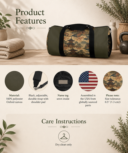 Vintage Japanese Military Green Temple Painting Duffel Gym Bag