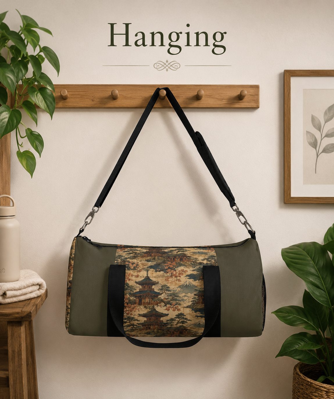 Vintage Japanese Military Green Temple Painting Duffel Gym Bag