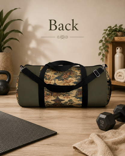 Vintage Japanese Military Green Temple Painting Duffel Gym Bag