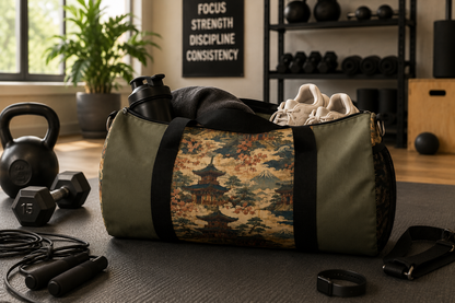 Vintage Japanese Military Green Temple Painting Duffel Gym Bag