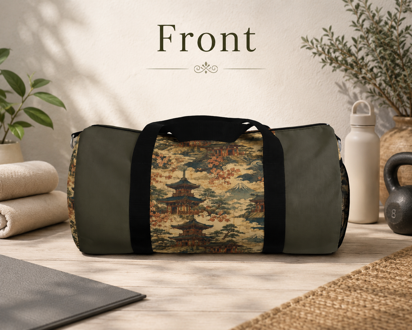 Vintage Japanese Military Green Temple Painting Duffel Gym Bag