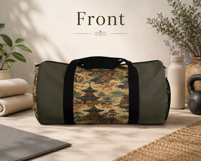 Vintage Japanese Military Green Temple Painting Duffel Gym Bag