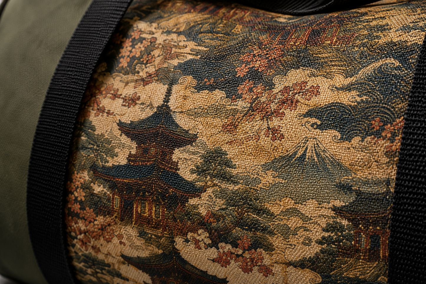 Vintage Japanese Military Green Temple Painting Duffel Gym Bag